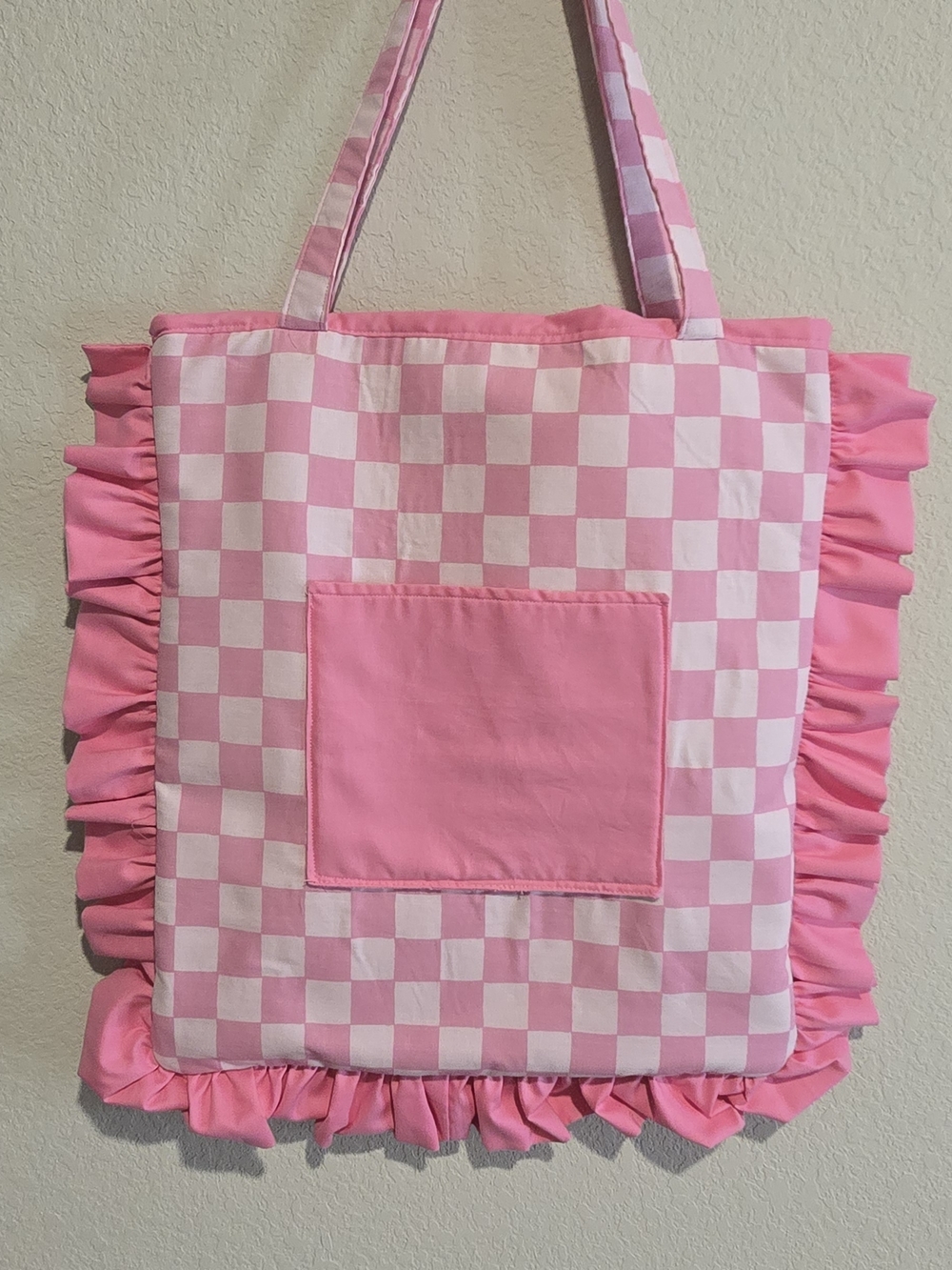 Hand Made Pink Checkered Ruffle Tote with Front Pocket